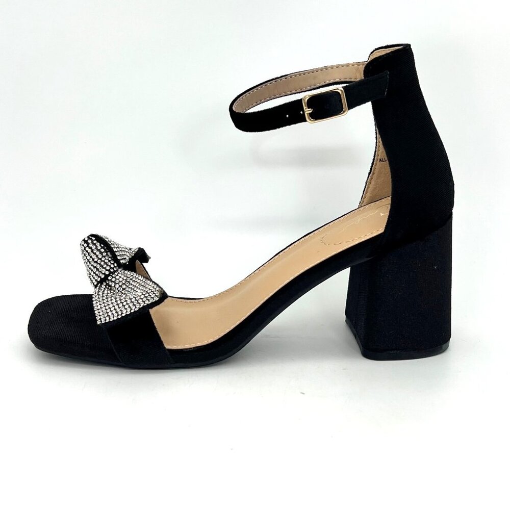 Comfort Black Velvet Ankle Strap Block Heels Womens Shoes Size 8 Rhinestone Bow - Picture 12 of 16